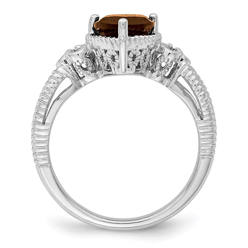 Sterling Silver Rhodium Smoky Quartz & Diamond Ring