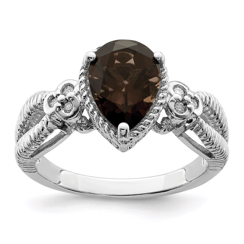 Sterling Silver Rhodium Smoky Quartz & Diamond Ring