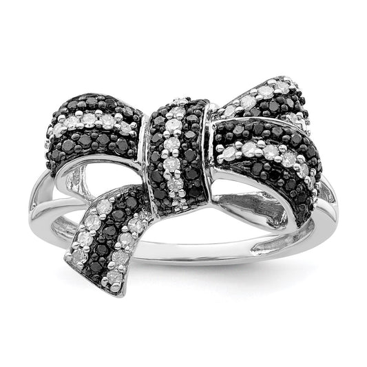White Night Sterling Silver Rhodium-plated Black and White Diamond Bow Ring