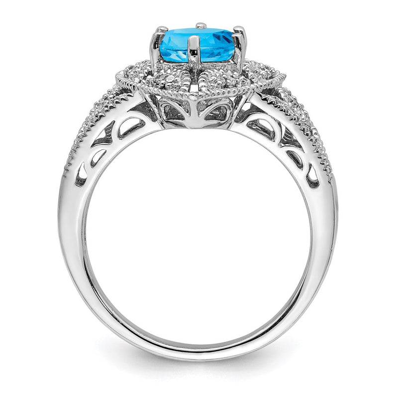 Sterling Silver Rhodium Swiss Blue Topaz & Diamond Ring