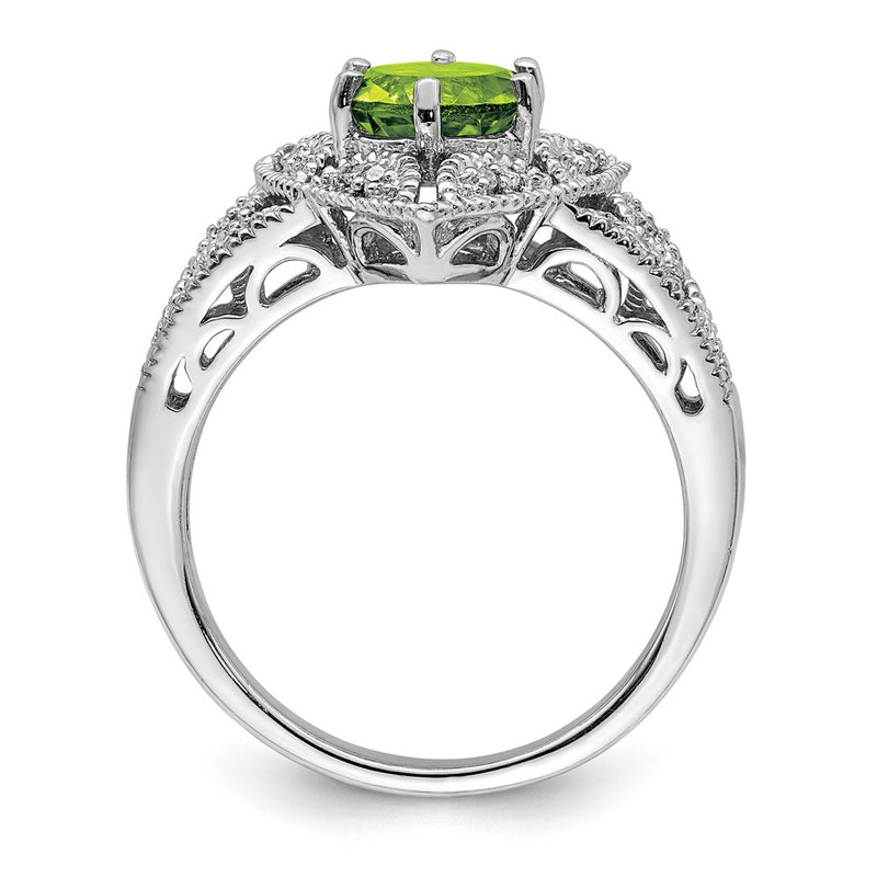 Sterling Silver Rhodium Peridot & Diamond Ring