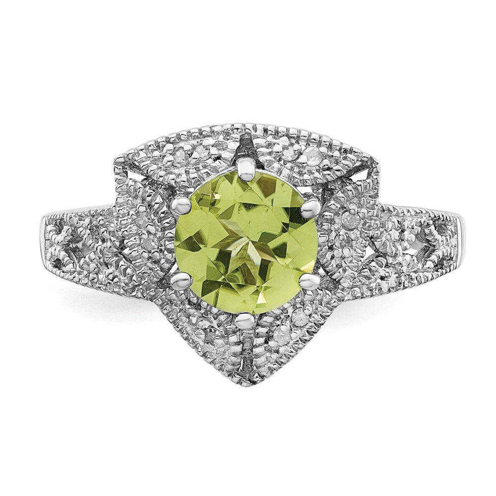Sterling Silver Rhodium Peridot & Diamond Ring