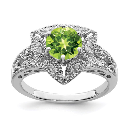 Sterling Silver Rhodium Peridot & Diamond Ring