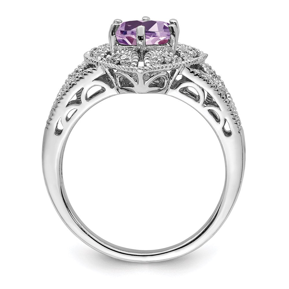 Sterling Silver Rhodium Pink Quartz& Diamond Ring