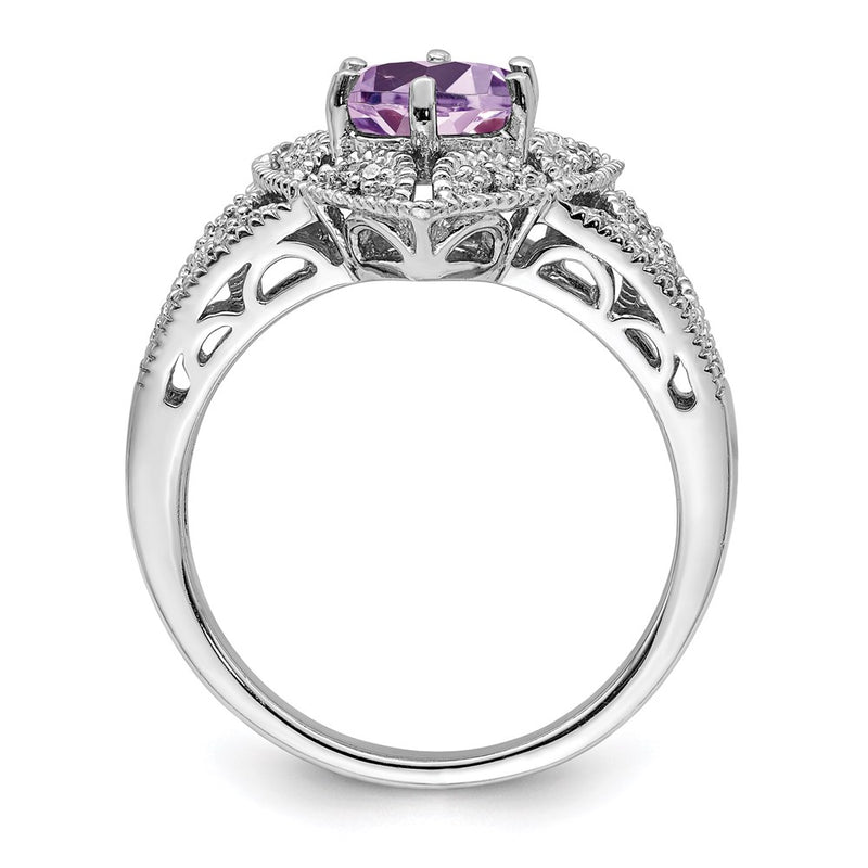 Sterling Silver Rhodium Pink Quartz& Diamond Ring