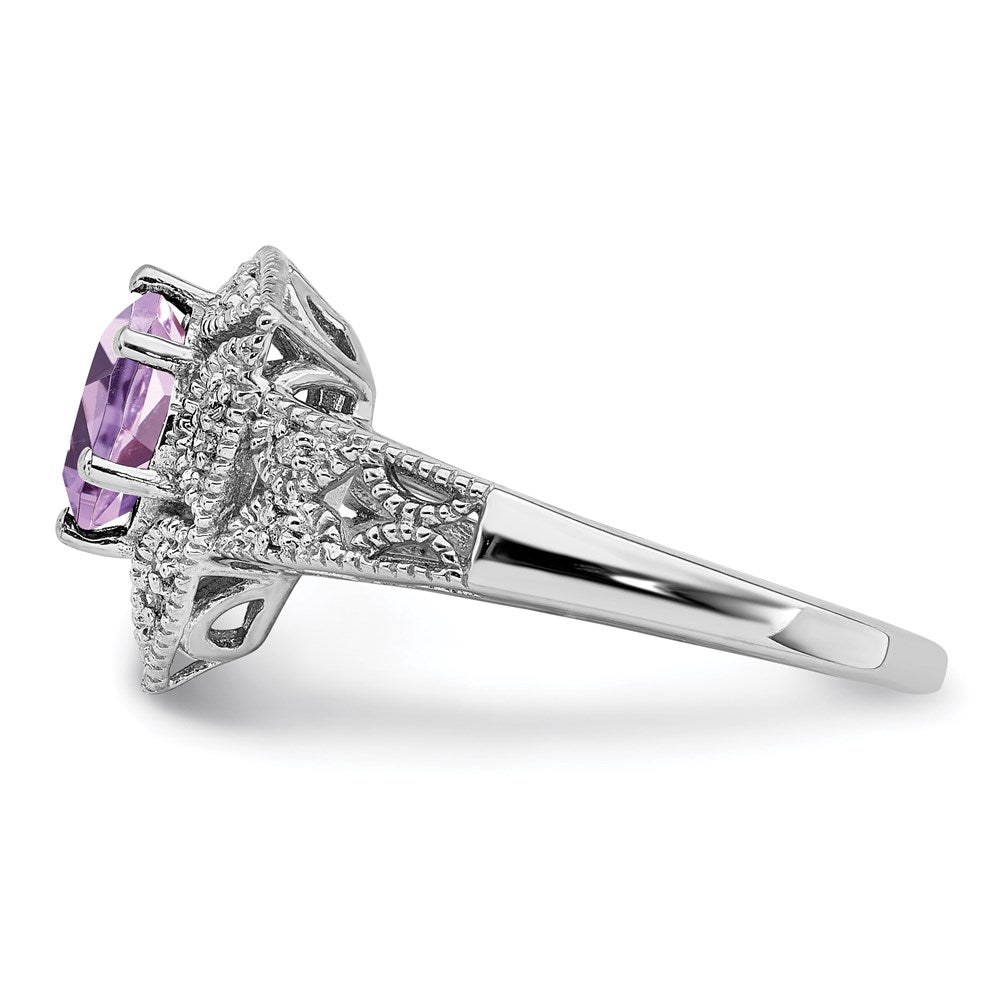 Sterling Silver Rhodium Pink Quartz& Diamond Ring