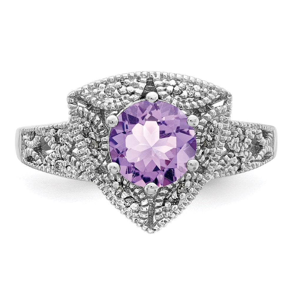 Sterling Silver Rhodium Pink Quartz& Diamond Ring