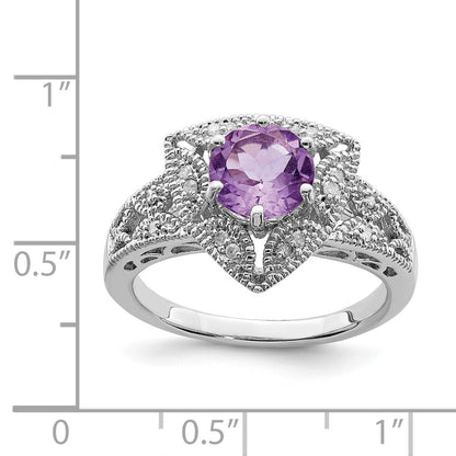 Sterling Silver Rhodium Pink Quartz& Diamond Ring