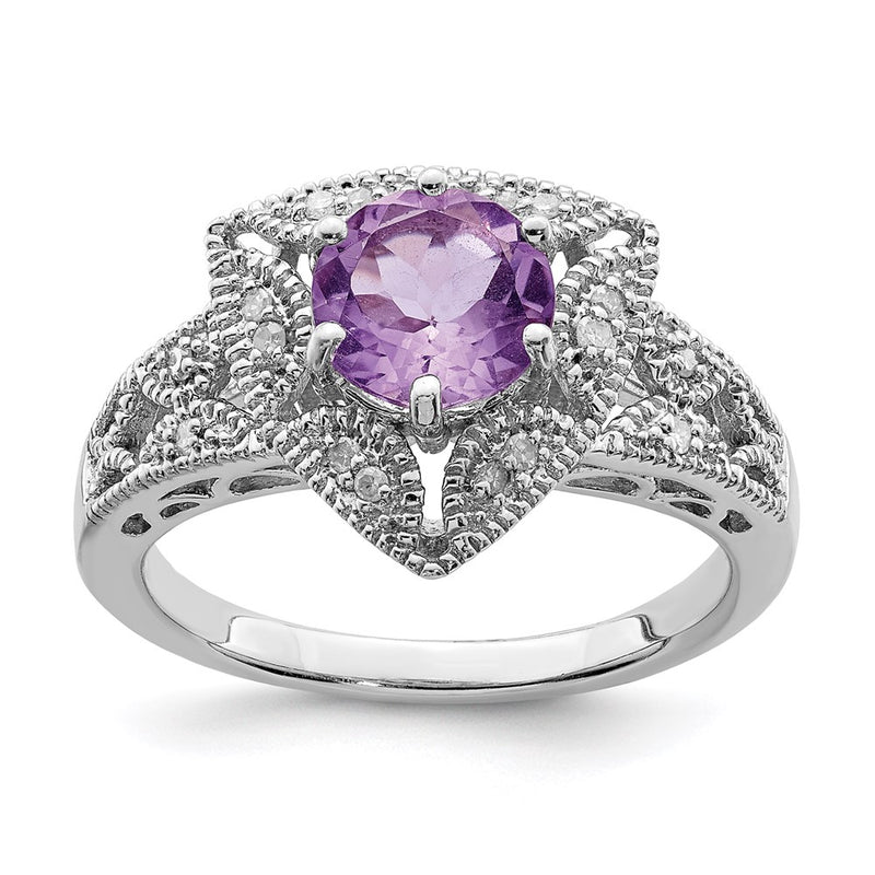 Sterling Silver Rhodium Pink Quartz& Diamond Ring