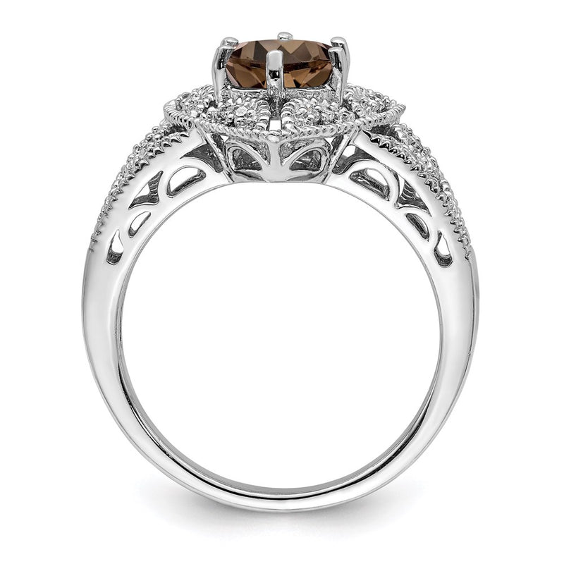 Sterling Silver Rhodium Smoky Quartz & Diamond Ring