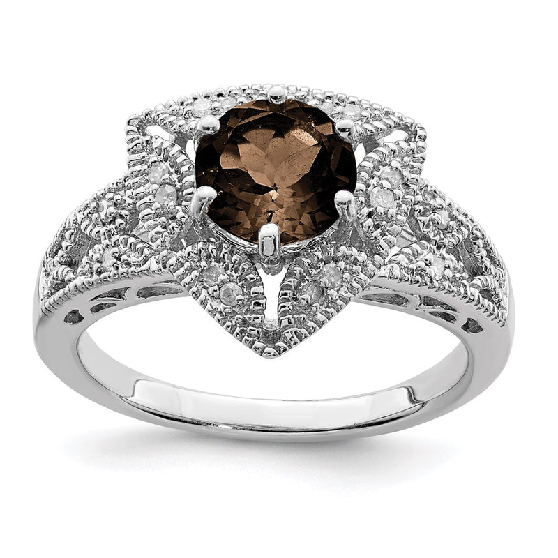 Sterling Silver Rhodium Smoky Quartz & Diamond Ring
