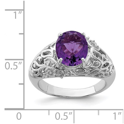 Sterling Silver Rhodium-plated Amethyst & Diamond Ring