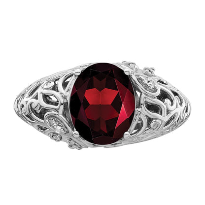 Sterling Silver Rhodium-plated Garnet & Diamond Ring