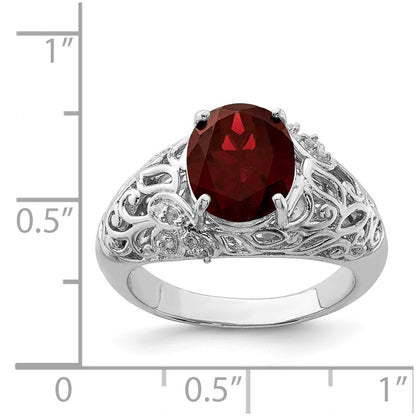 Sterling Silver Rhodium-plated Garnet & Diamond Ring