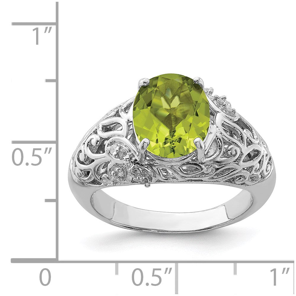 Sterling Silver Rhodium Peridot & Diamond Ring