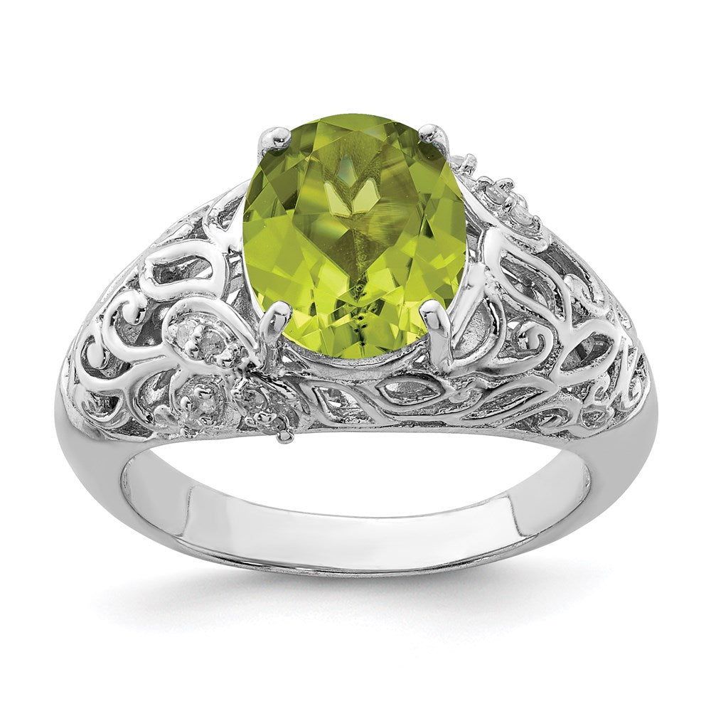 Sterling Silver Rhodium Peridot & Diamond Ring