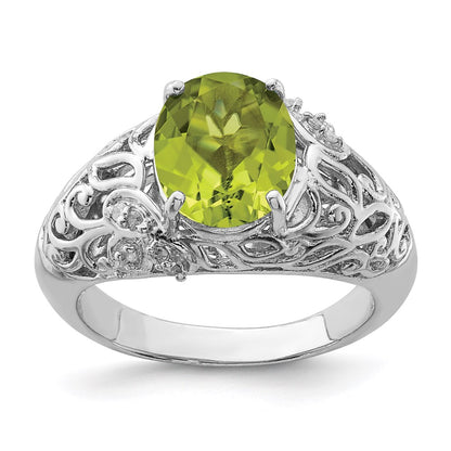 Sterling Silver Rhodium Peridot & Diamond Ring