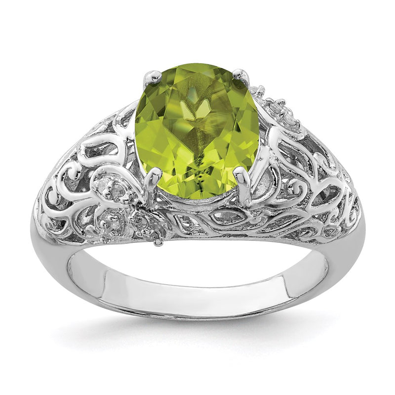 Sterling Silver Rhodium Peridot & Diamond Ring