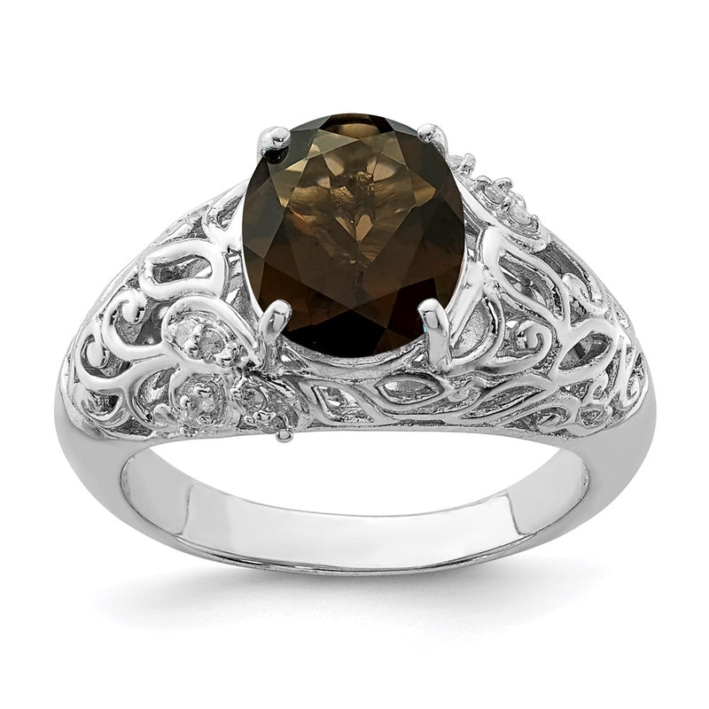 Sterling Silver Rhodium Smoky Quartz & Diamond Ring
