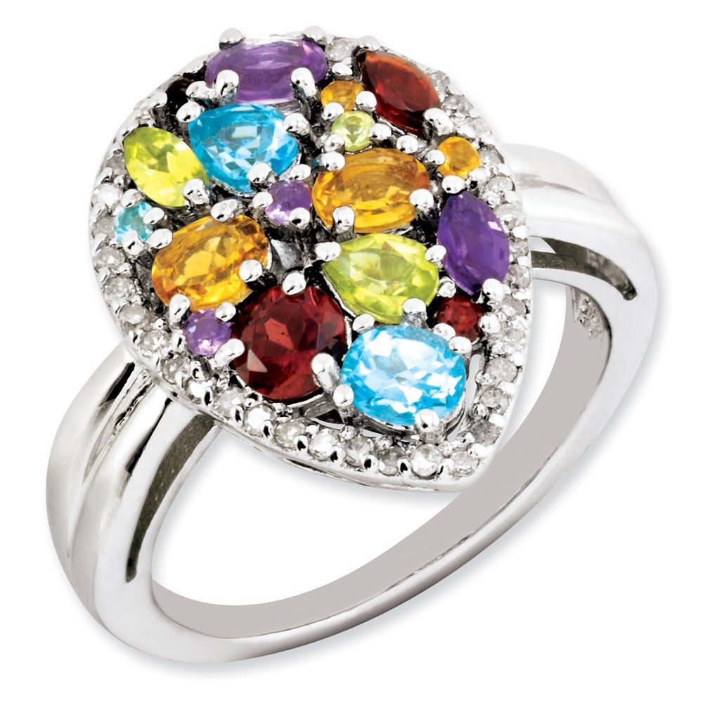 Sterling Silver Rainbow Gemstone & Diamond Ring