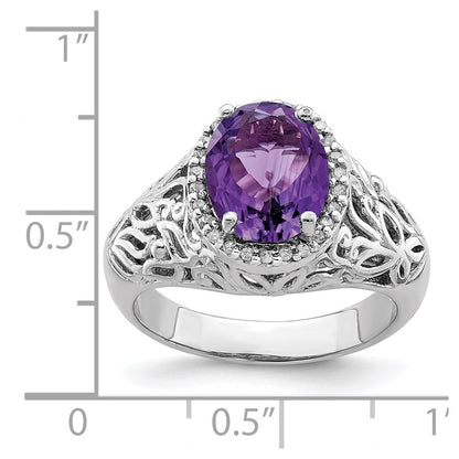 Sterling Silver Rhodium-plated Amethyst & Diamond Ring