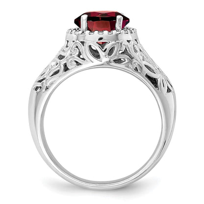 Sterling Silver Rhodium-plated Garnet & Diamond Ring