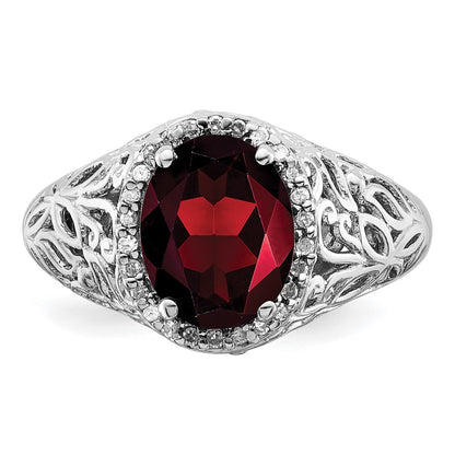 Sterling Silver Rhodium-plated Garnet & Diamond Ring