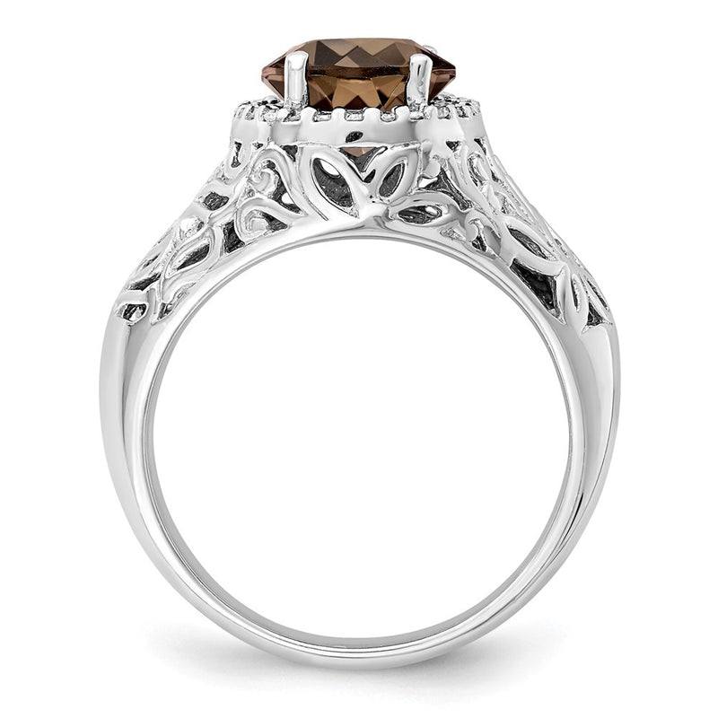 Sterling Silver Rhodium Smoky Quartz & Diamond Ring