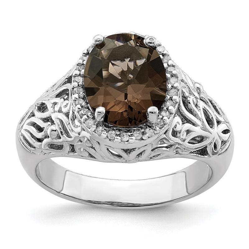 Sterling Silver Rhodium Smoky Quartz & Diamond Ring