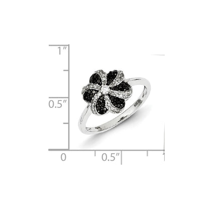 Sterling Silver Black and White Diamond Flower Ring