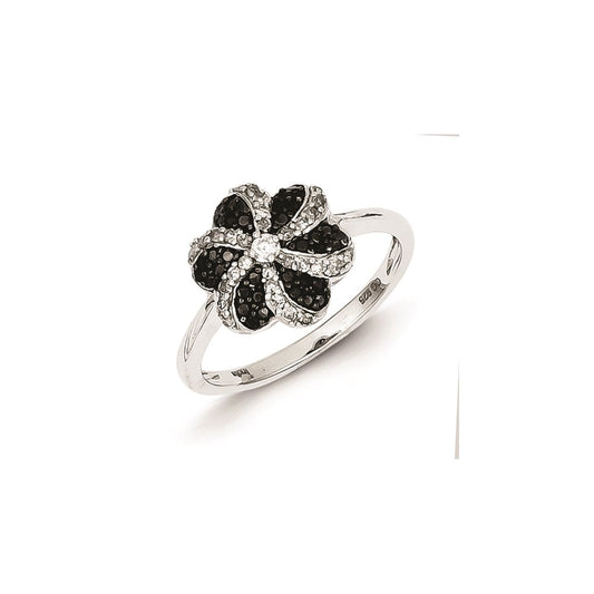 Sterling Silver Black and White Diamond Flower Ring