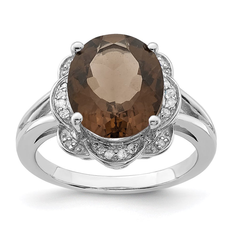 Sterling Silver Rhodium Smoky Quartz & Diamond Ring