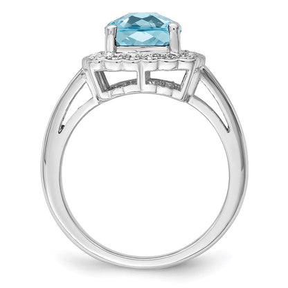 Sterling Silver Rhodium Checker-Cut Sky Blue Topaz & Diamond Ring