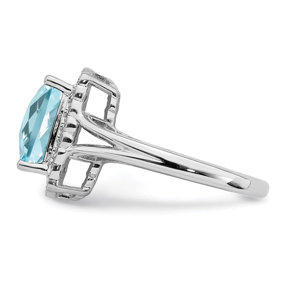 Sterling Silver Rhodium Checker-Cut Sky Blue Topaz & Diamond Ring