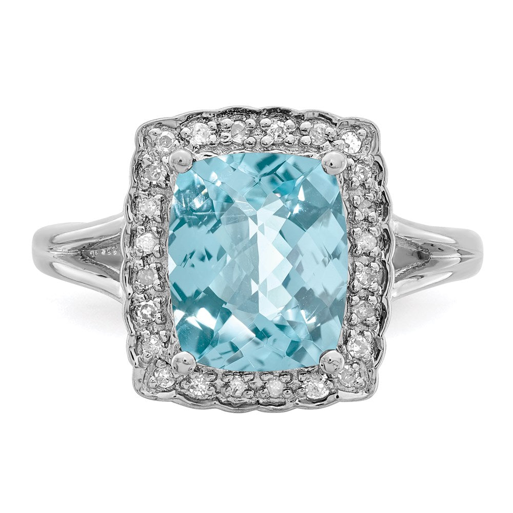 Sterling Silver Rhodium Checker-Cut Sky Blue Topaz & Diamond Ring