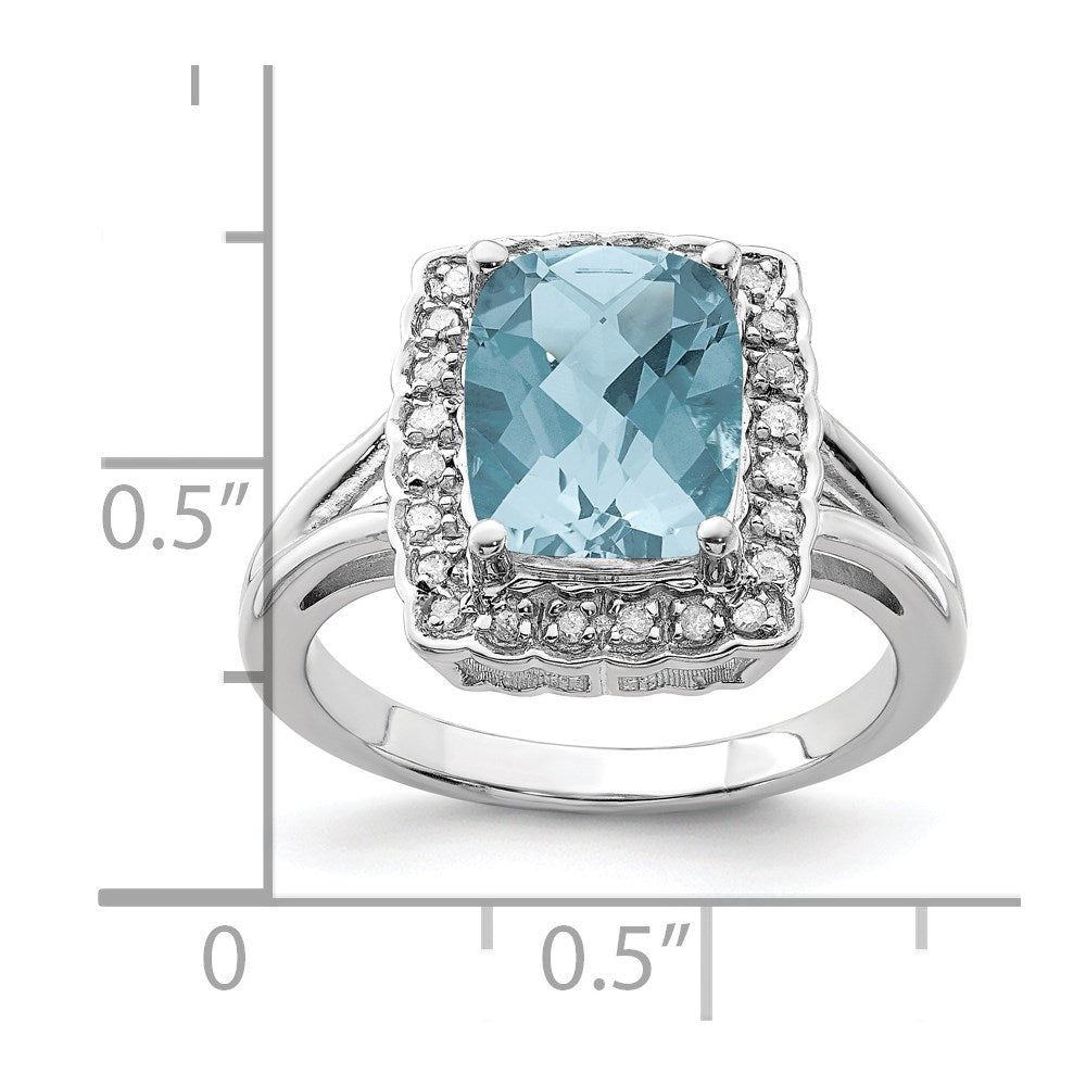Sterling Silver Rhodium Checker-Cut Sky Blue Topaz & Diamond Ring