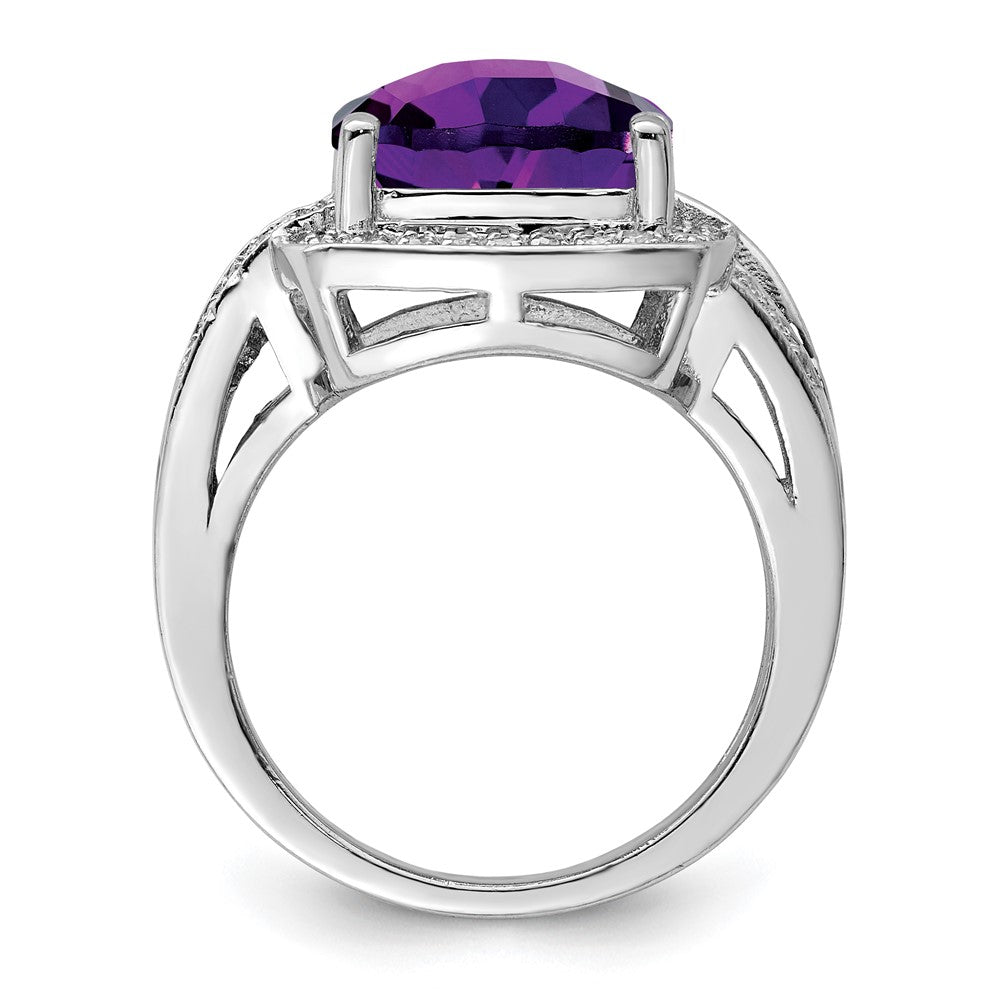 Sterling Silver Rhodium-plated Checker-Cut Amethyst & Diamond Ring