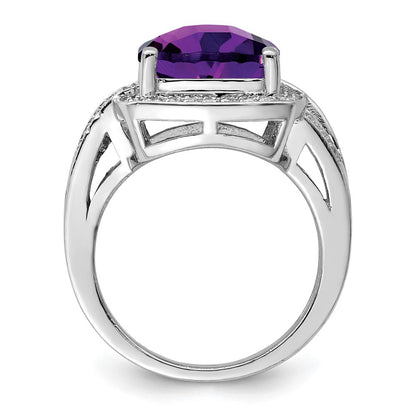 Sterling Silver Rhodium-plated Checker-Cut Amethyst & Diamond Ring