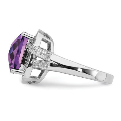 Sterling Silver Rhodium-plated Checker-Cut Amethyst & Diamond Ring