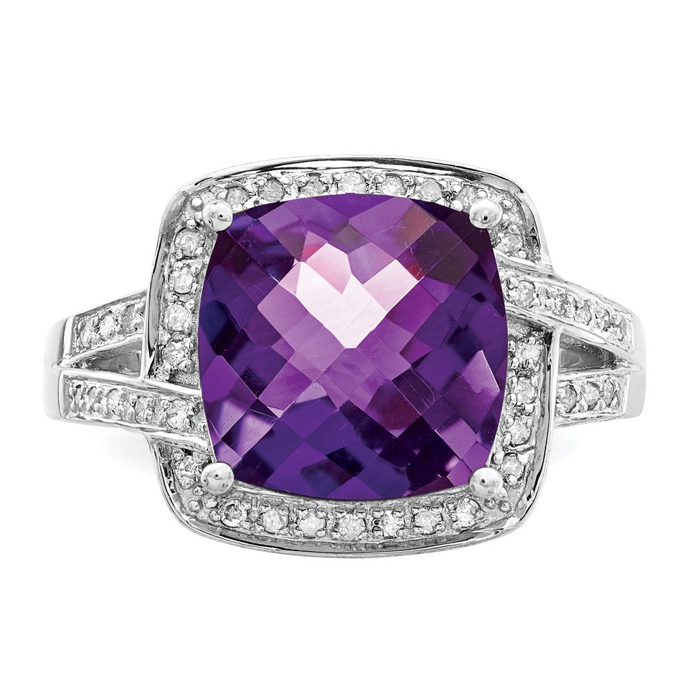 Sterling Silver Rhodium-plated Checker-Cut Amethyst & Diamond Ring