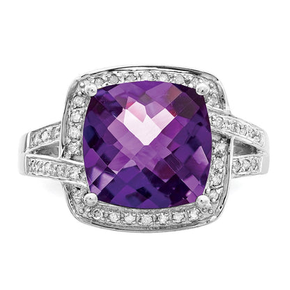Sterling Silver Rhodium-plated Checker-Cut Amethyst & Diamond Ring