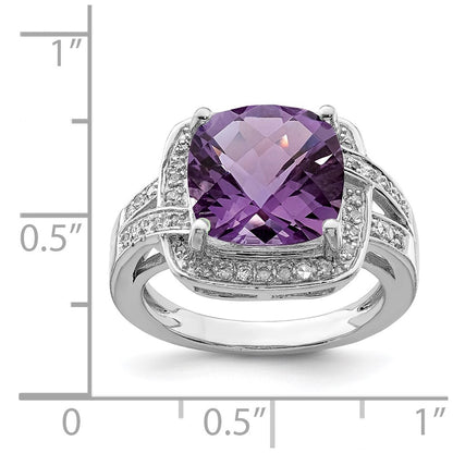 Sterling Silver Rhodium-plated Checker-Cut Amethyst & Diamond Ring