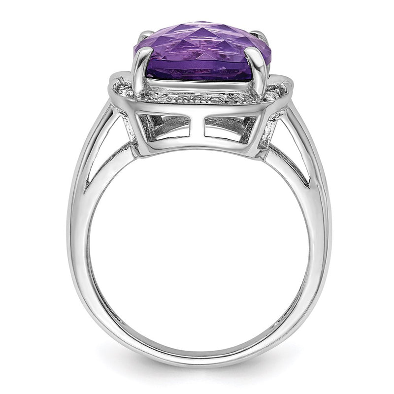 Sterling Silver Rhodium-plated Checker-Cut Amethyst & Diamond Ring