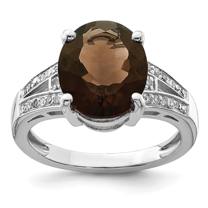 Sterling Silver Rhodium Smoky Quartz & Diamond Ring