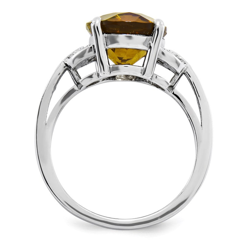 Sterling Silver Rhodium-plated Whiskey Quartz & Diamond Ring