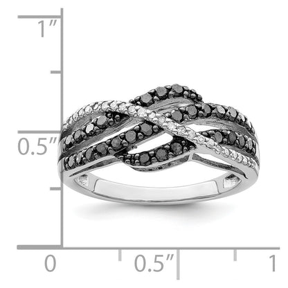 White Night Sterling Silver Rhodium-plated Black and White Diamond Criss Cross Ring