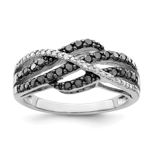 White Night Sterling Silver Rhodium-plated Black and White Diamond Criss Cross Ring