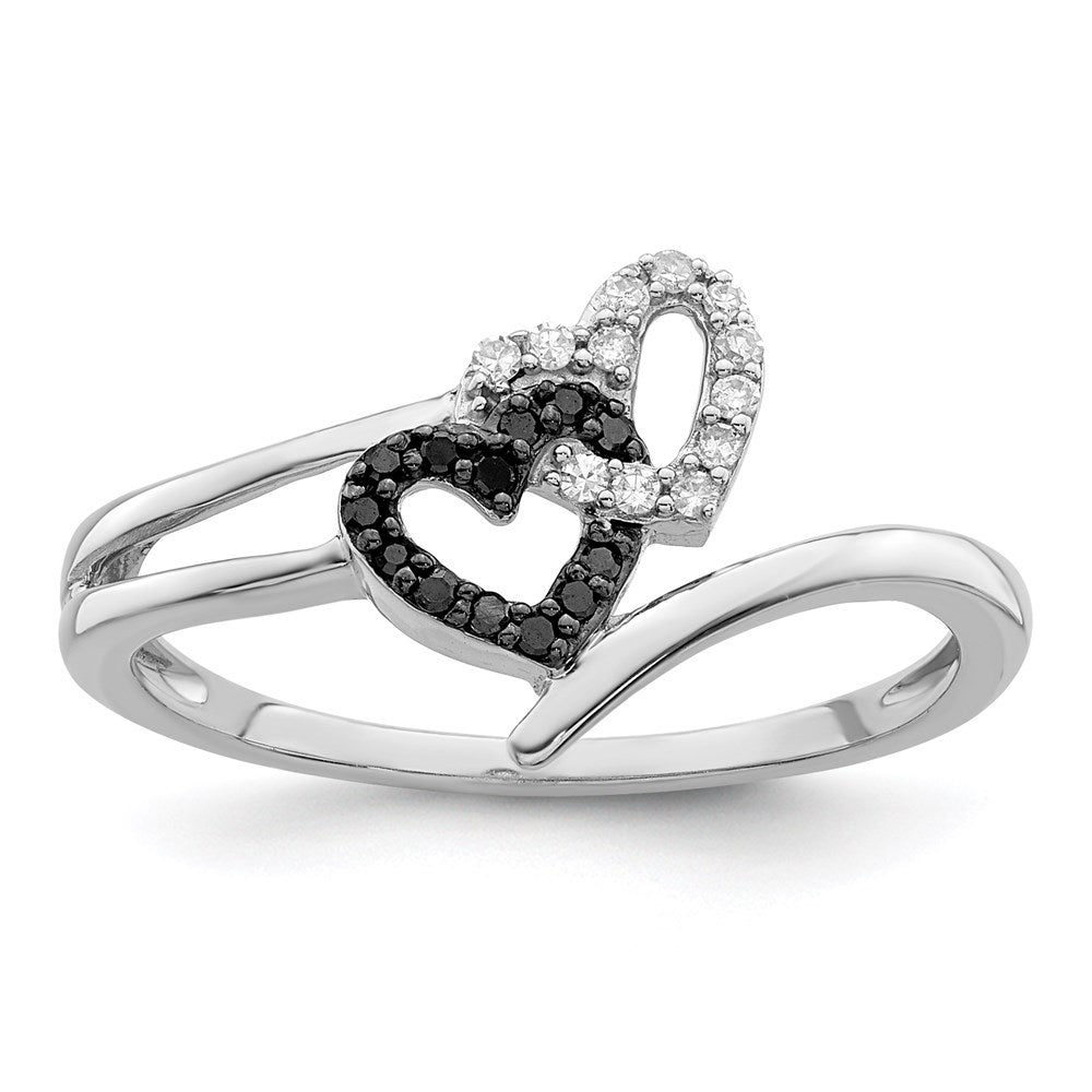 White Night Sterling Silver Rhodium-plated Black and White Diamond Double Heart Ring