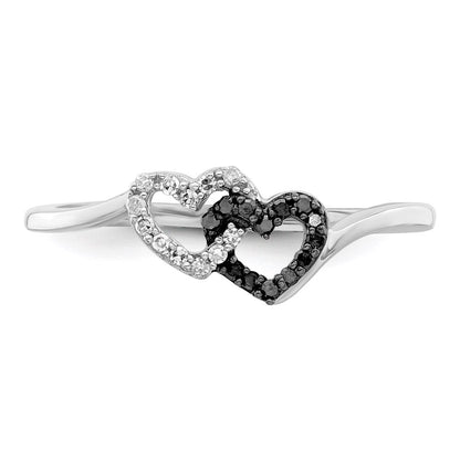 White Night Sterling Silver Rhodium-plated Black and White Diamond Double Heart Ring