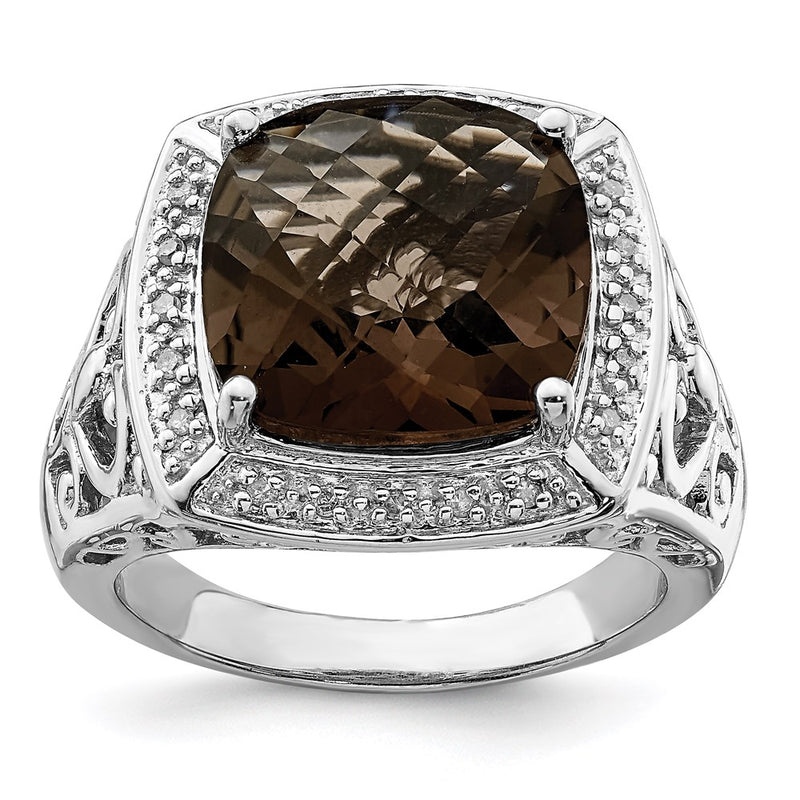Sterling Silver Rhodium Smoky Quartz and Diamond Ring